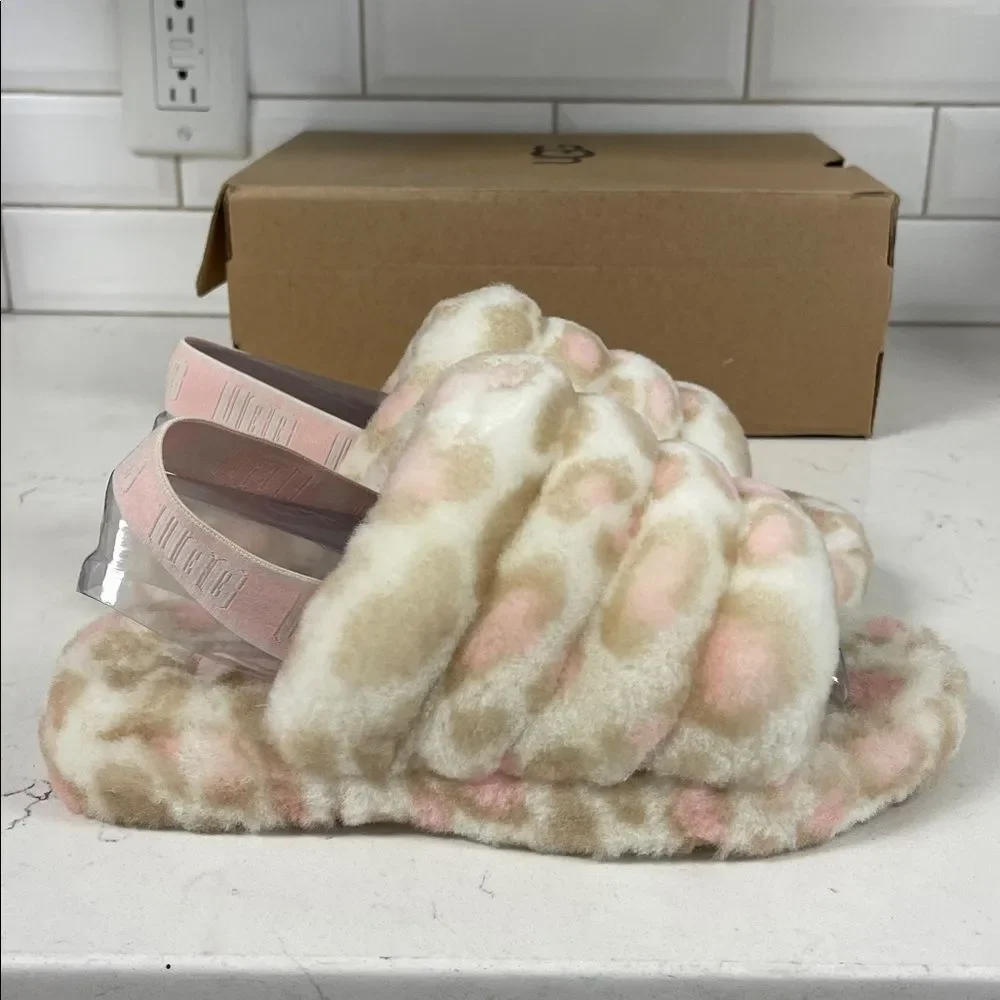 UGG Kids' Fluff Yeah Slide Panther Print Size 6 Pink & Tan Leopard Print